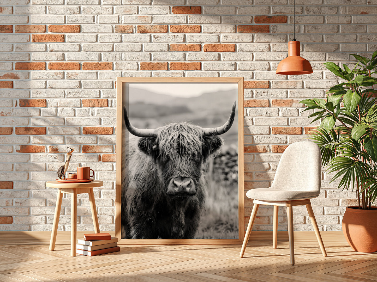 Black and white poster of a highland cow facing camera with shaggy fur and prominent horns
