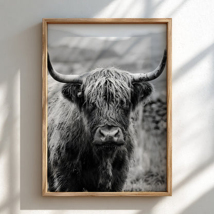 Black and white poster of a highland cow facing camera with shaggy fur and prominent horns