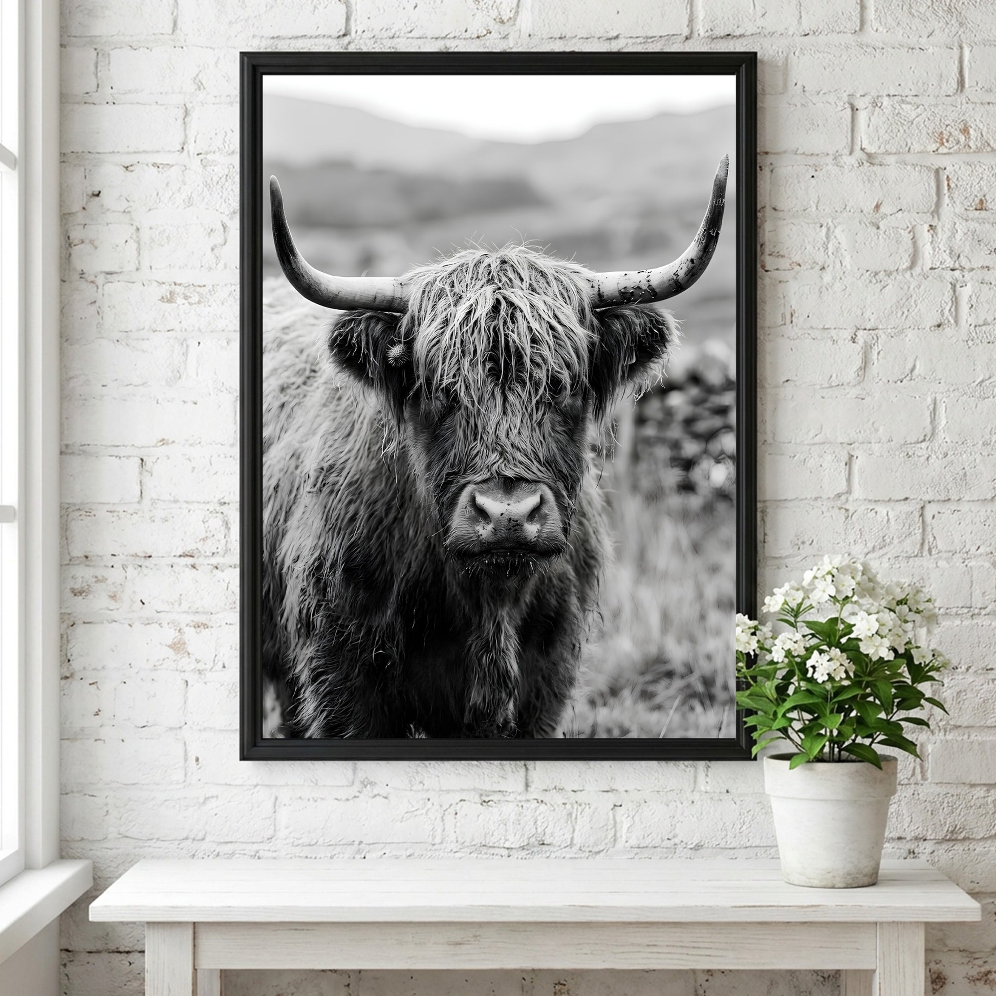 Black and white poster of a highland cow facing camera with shaggy fur and prominent horns