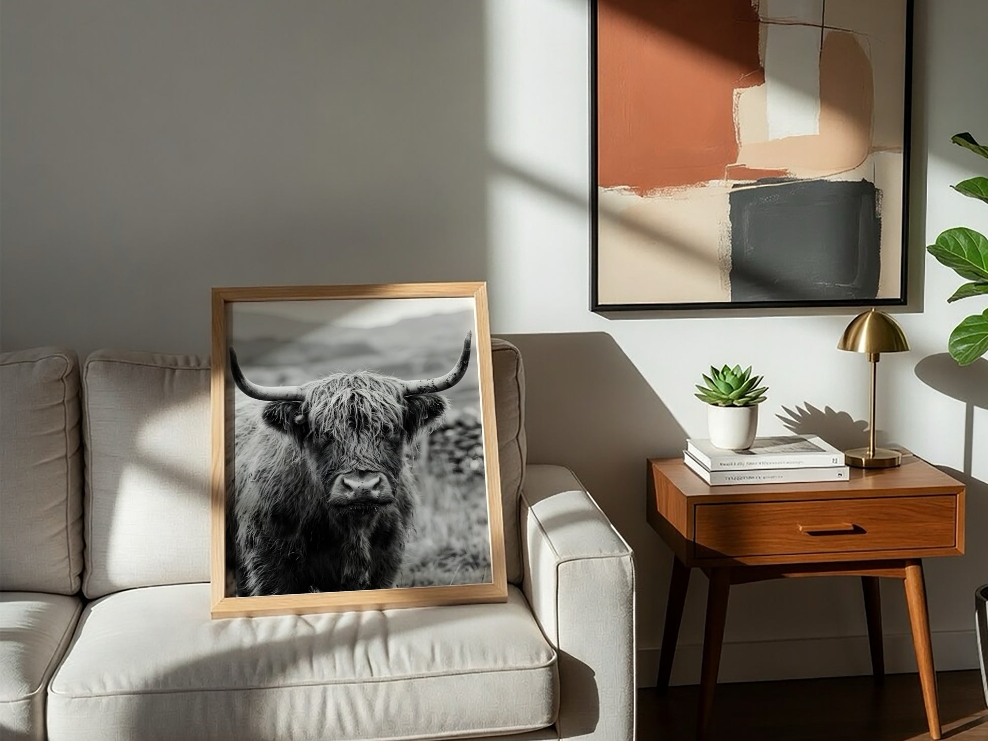Black and white poster of a highland cow facing camera with shaggy fur and prominent horns
