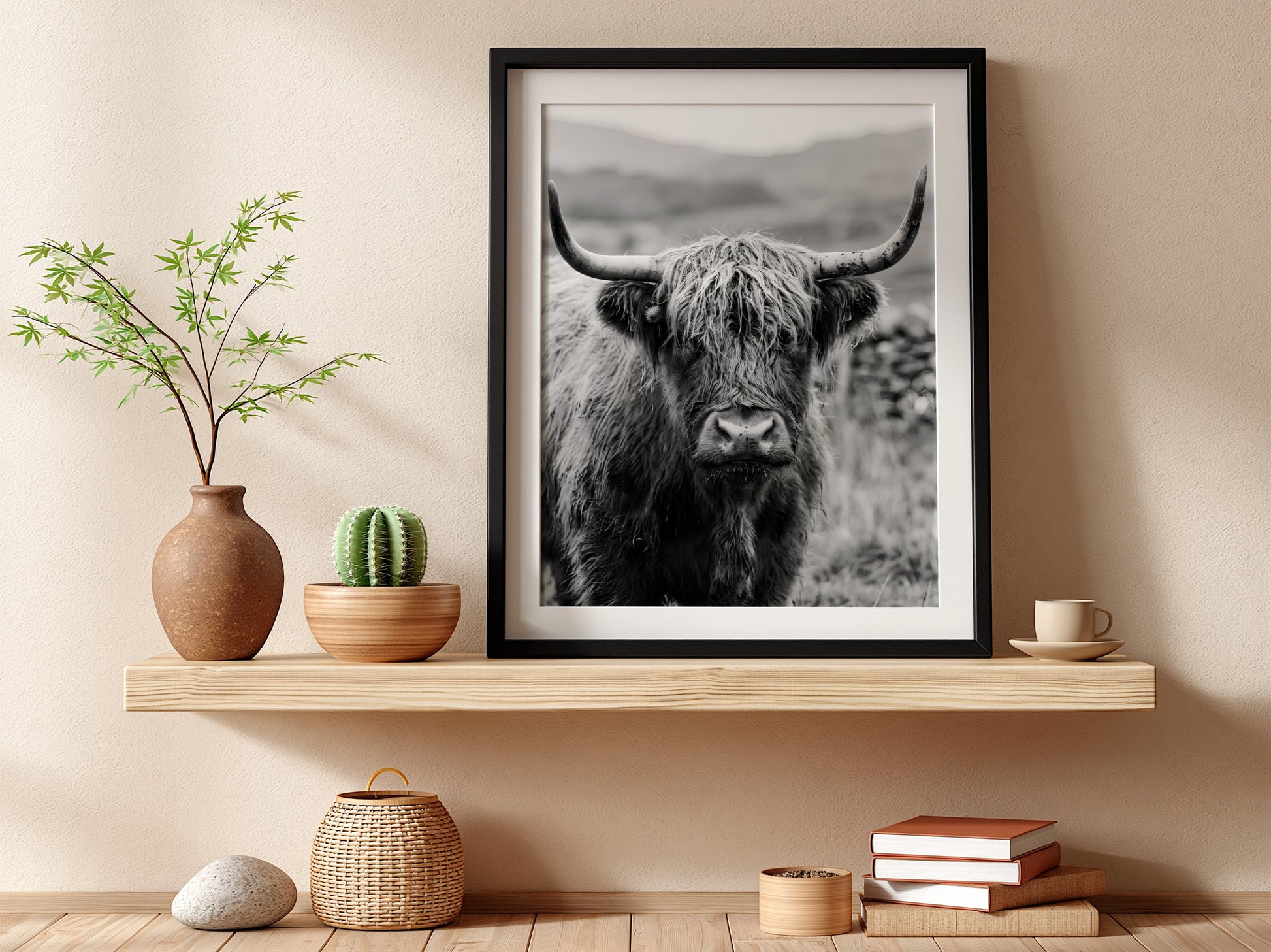 Black and white poster of a highland cow facing camera with shaggy fur and prominent horns