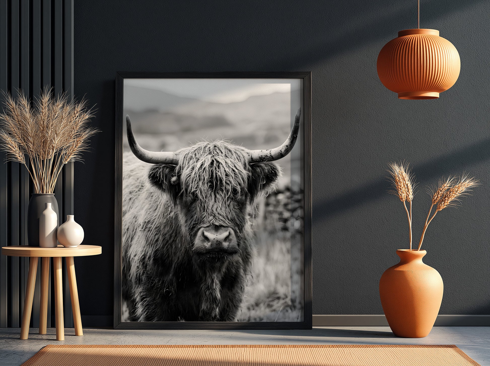 Black and white poster of a highland cow facing camera with shaggy fur and prominent horns