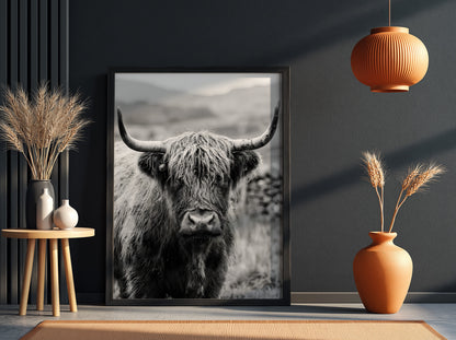 Black and white poster of a highland cow facing camera with shaggy fur and prominent horns