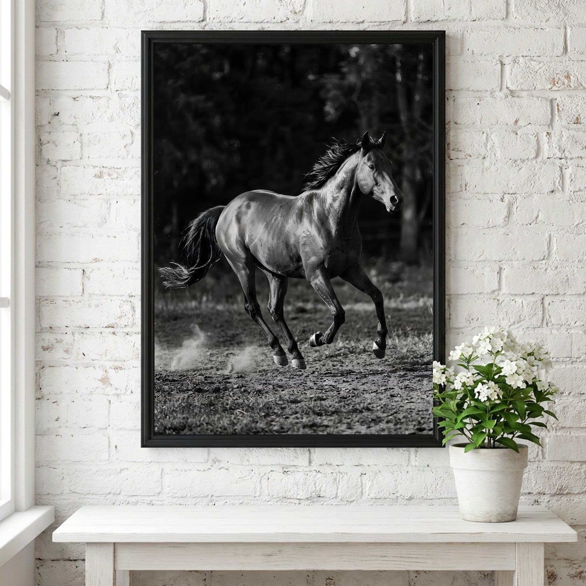 Wall decor black and white poster of galloping horse running on dirt with blurred dark background