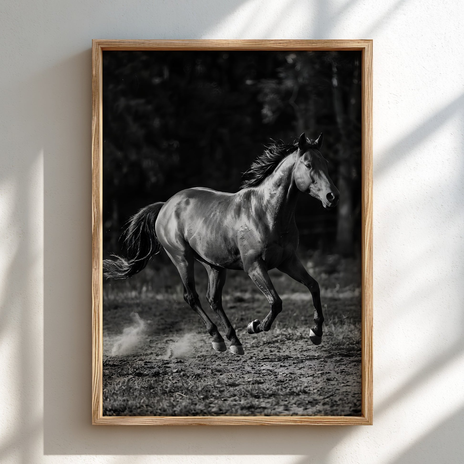 Wall decor black and white poster of galloping horse running on dirt with blurred dark background
