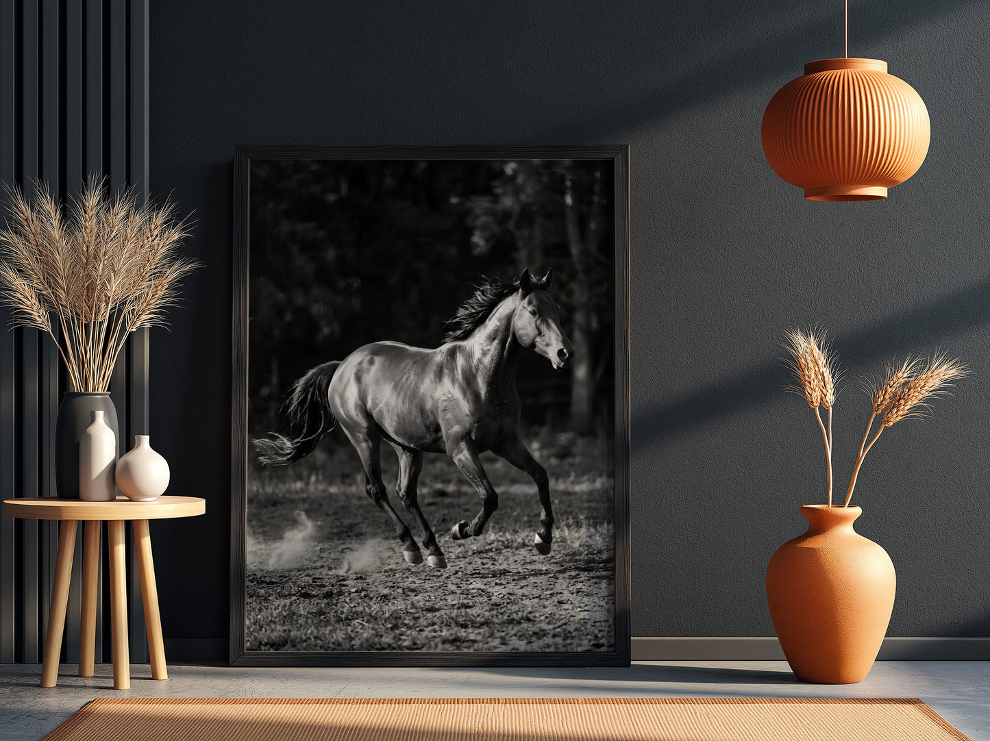 Wall decor black and white poster of galloping horse running on dirt with blurred dark background