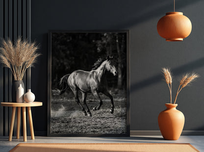 Wall decor black and white poster of galloping horse running on dirt with blurred dark background
