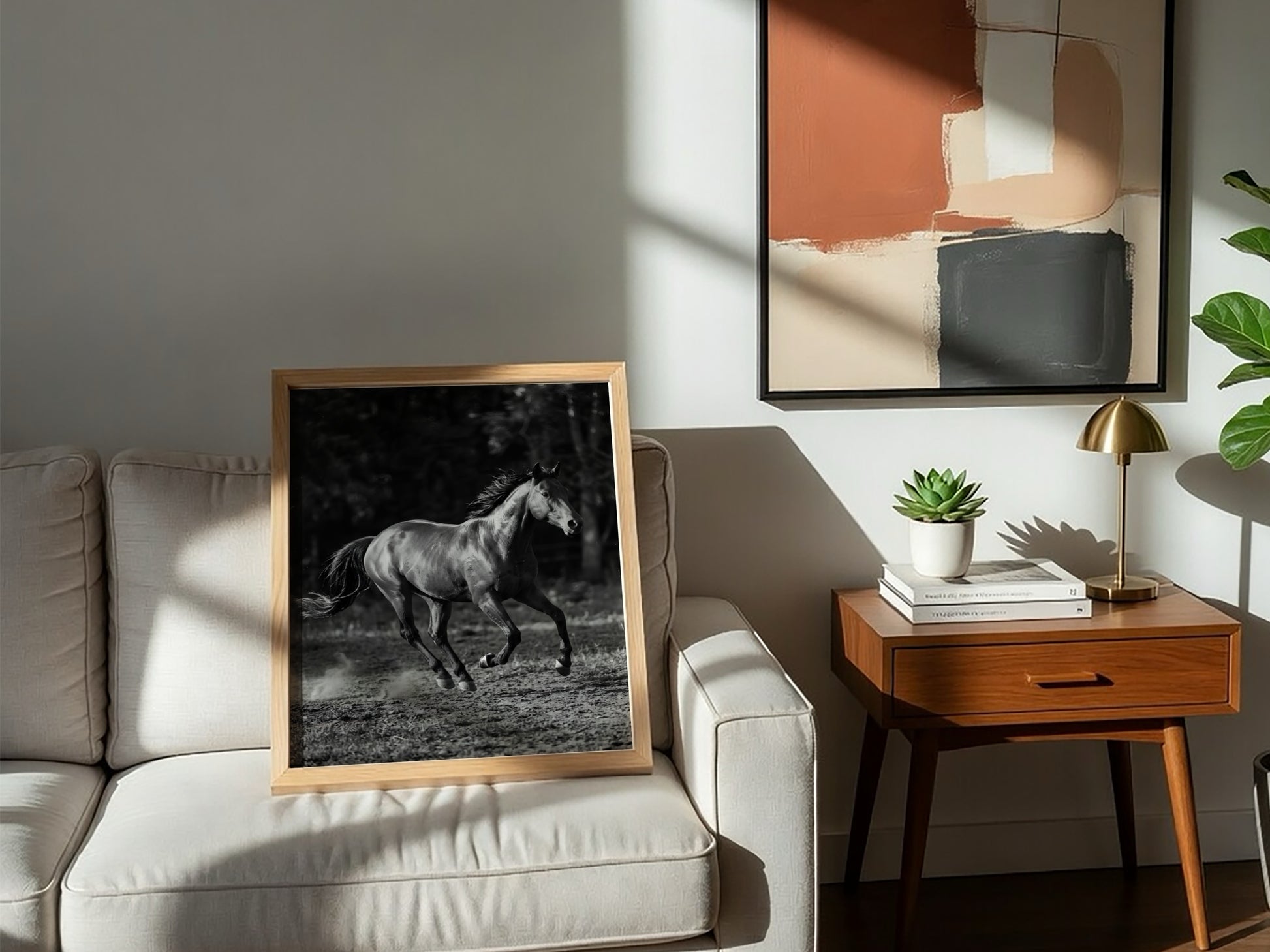 Wall decor black and white poster of galloping horse running on dirt with blurred dark background