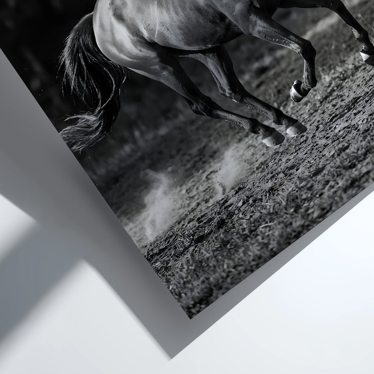 Wall decor black and white poster of galloping horse running on dirt with blurred dark background