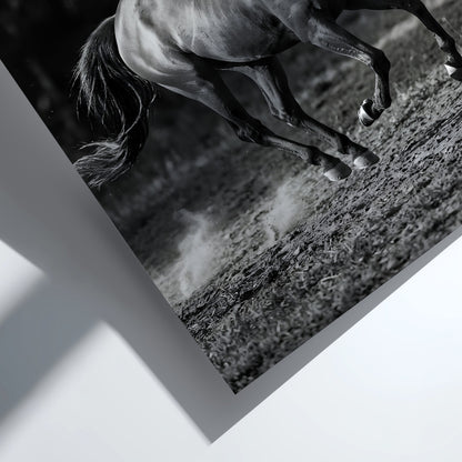 Wall decor black and white poster of galloping horse running on dirt with blurred dark background