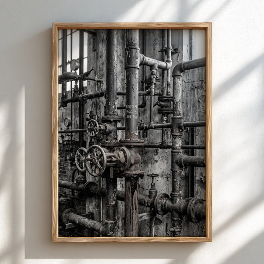 industrial pipes factory wall decor with rusted metal pipes and aged factory wall in monochrome