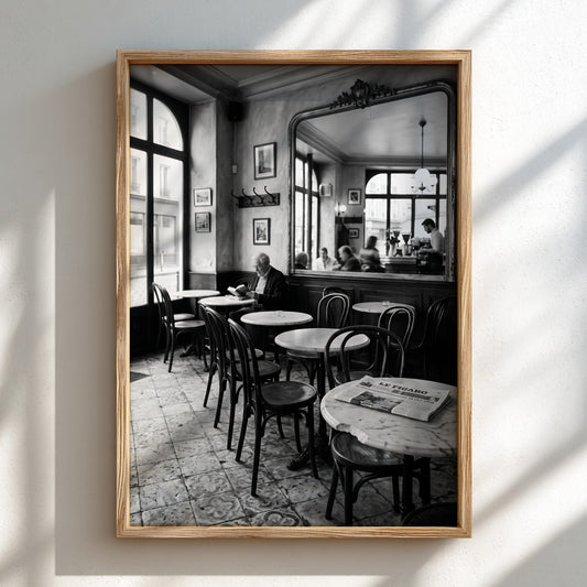 Vintage wall decor black and white photo of old European cafe interior with wooden chairs and marble tables