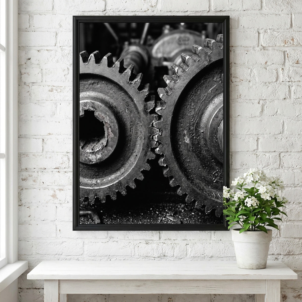 Poster of interlocking industrial gears in monochrome with detailed textured metal surfaces