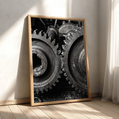 Poster of interlocking industrial gears in monochrome with detailed textured metal surfaces