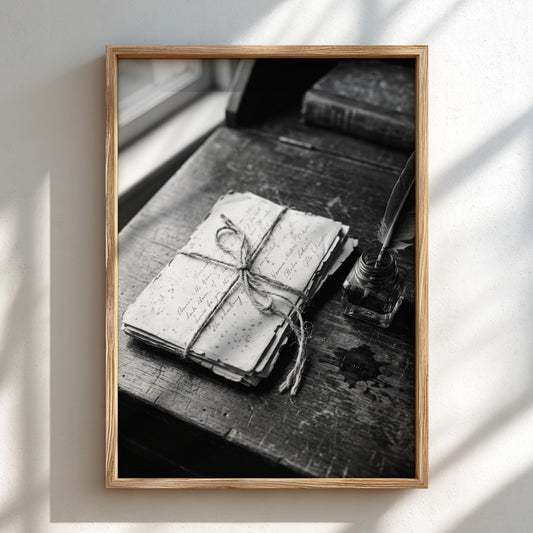 Vintage wall decor showing letters tied with string on wooden desk with ink bottle and quill in black and
