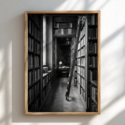 Wall decor featuring black and white photograph of library aisle with ladder and glowing reading lamp