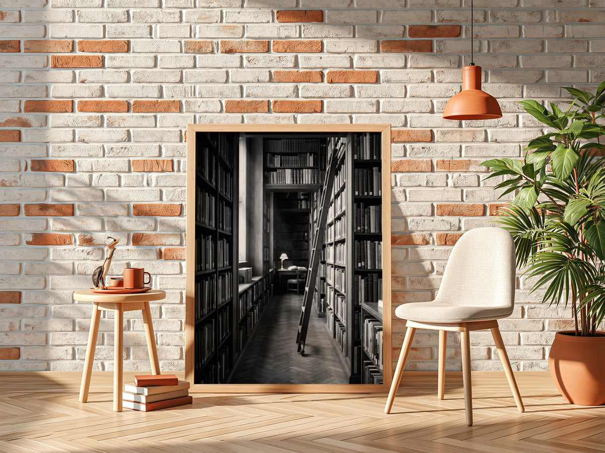 Wall decor featuring black and white photograph of library aisle with ladder and glowing reading lamp