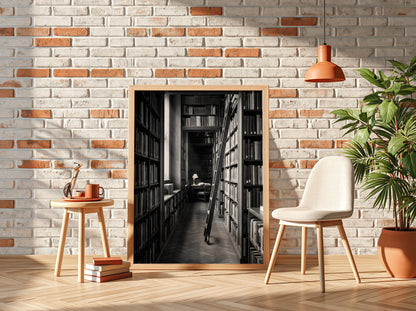 Wall decor featuring black and white photograph of library aisle with ladder and glowing reading lamp