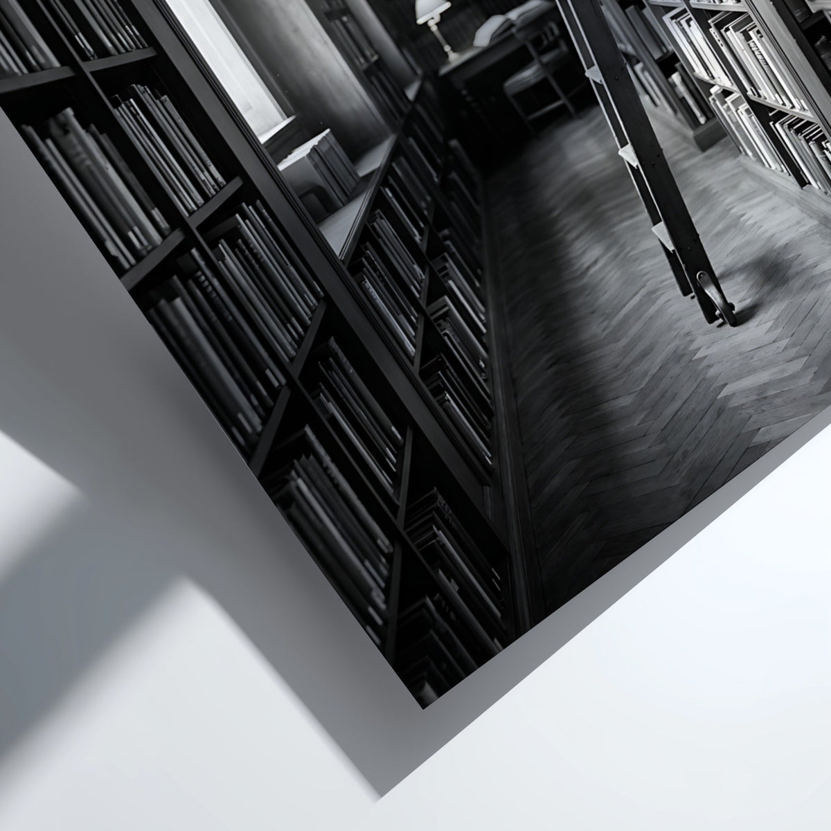 Wall decor featuring black and white photograph of library aisle with ladder and glowing reading lamp