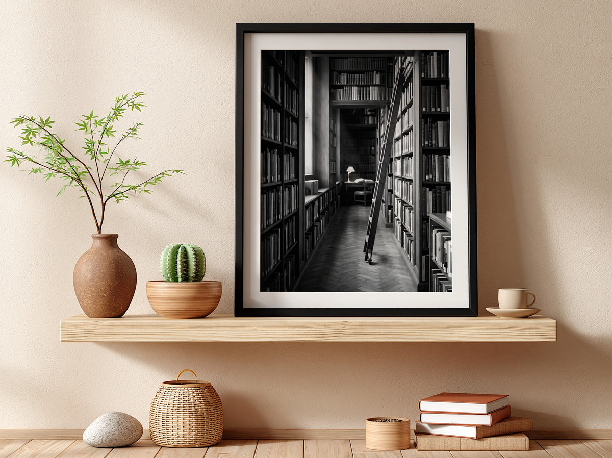 Wall decor featuring black and white photograph of library aisle with ladder and glowing reading lamp