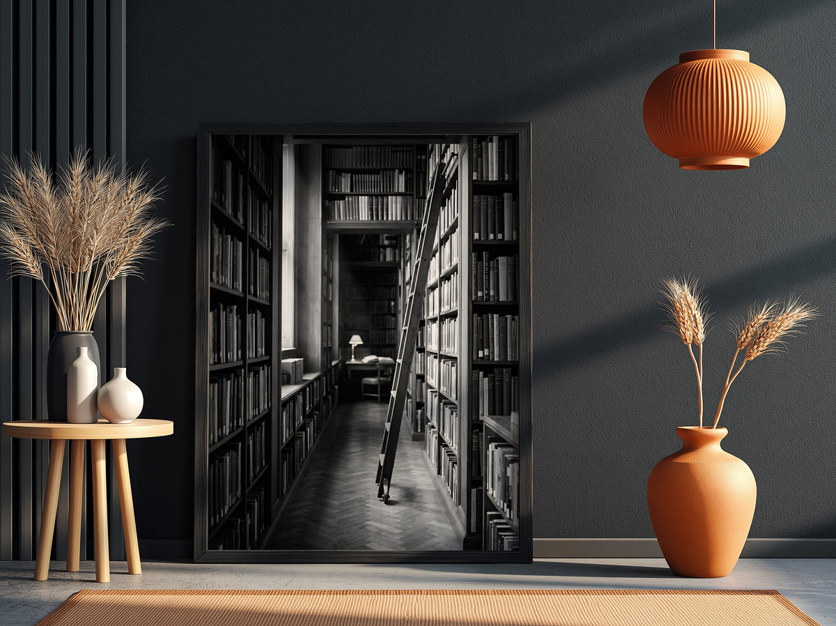 Wall decor featuring black and white photograph of library aisle with ladder and glowing reading lamp