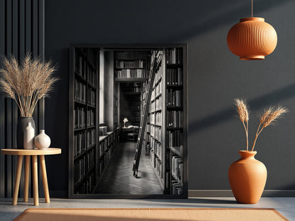 Wall decor featuring black and white photograph of library aisle with ladder and glowing reading lamp
