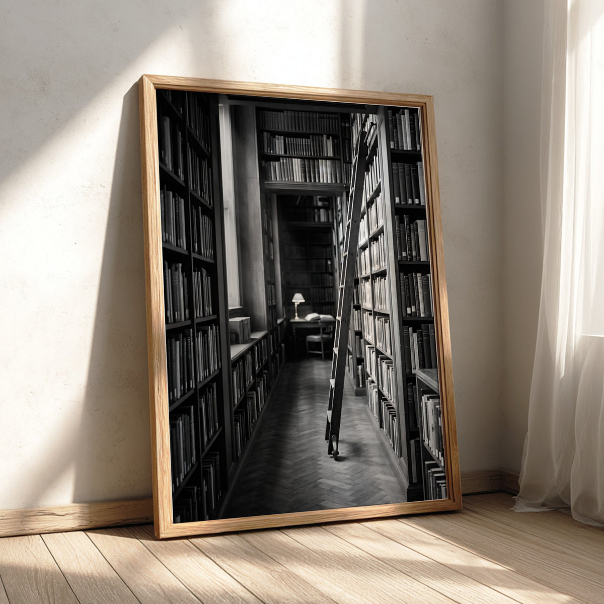 Wall decor featuring black and white photograph of library aisle with ladder and glowing reading lamp