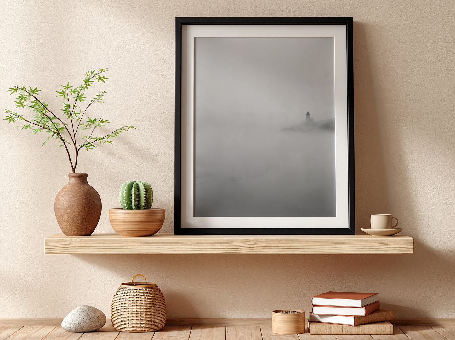 Poster featuring lighthouse emerging from fog in muted grayscale tones with soft shadows