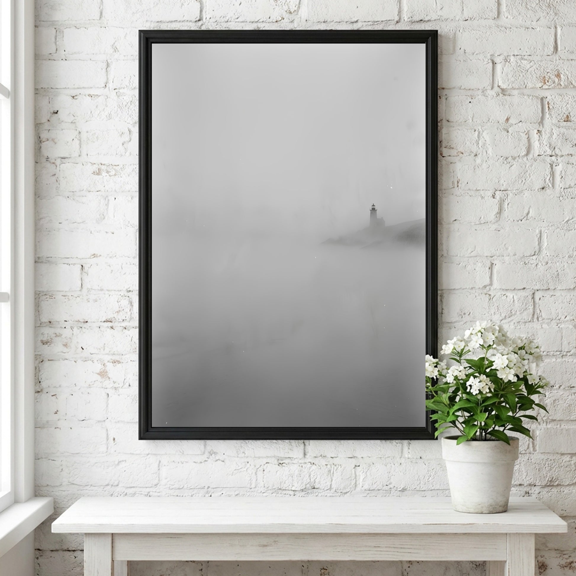 Poster featuring lighthouse emerging from fog in muted grayscale tones with soft shadows