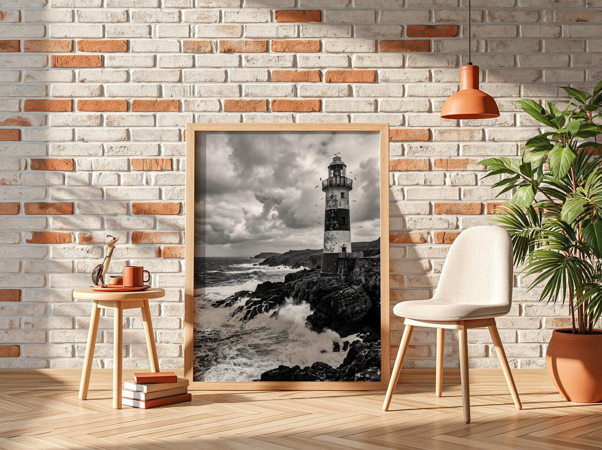 Black and white lighthouse poster with rocky coastline, crashing waves, and dramatic cloudy sky