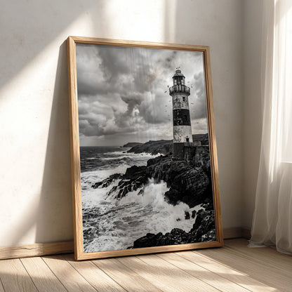 Black and white lighthouse poster with rocky coastline, crashing waves, and dramatic cloudy sky