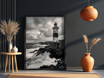 Black and white lighthouse poster with rocky coastline, crashing waves, and dramatic cloudy sky
