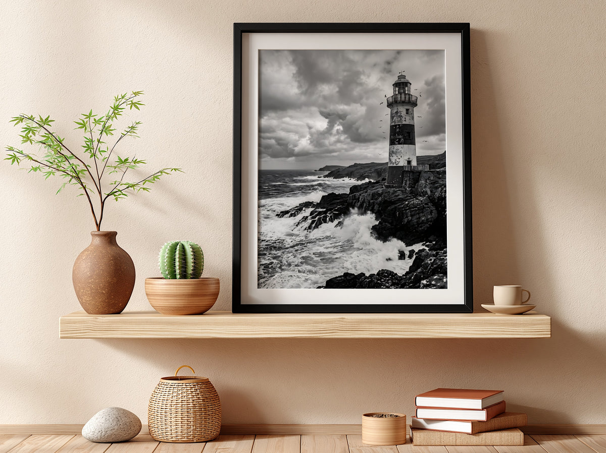 Black and white lighthouse poster with rocky coastline, crashing waves, and dramatic cloudy sky