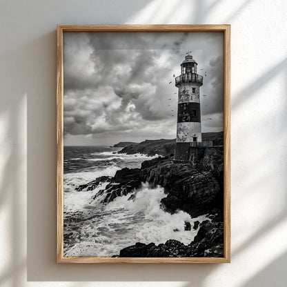 Black and white lighthouse poster with rocky coastline, crashing waves, and dramatic cloudy sky