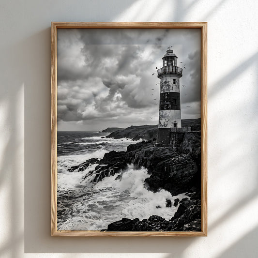 Black and white lighthouse poster with rocky coastline, crashing waves, and dramatic cloudy sky