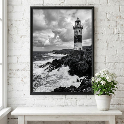 Black and white lighthouse poster with rocky coastline, crashing waves, and dramatic cloudy sky