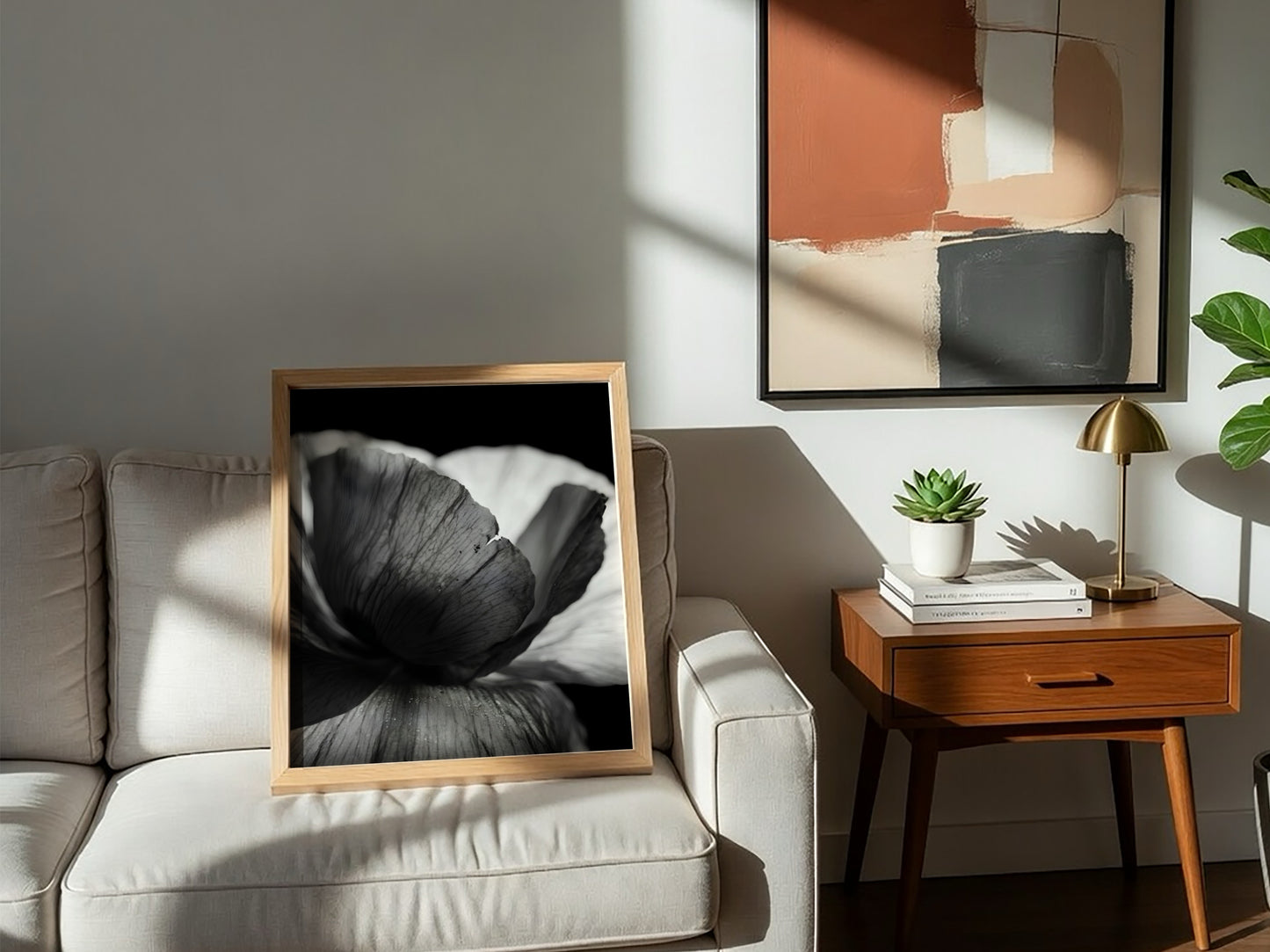 Black and white wall decor showing macro translucent flower petals with detailed textures and soft lighting