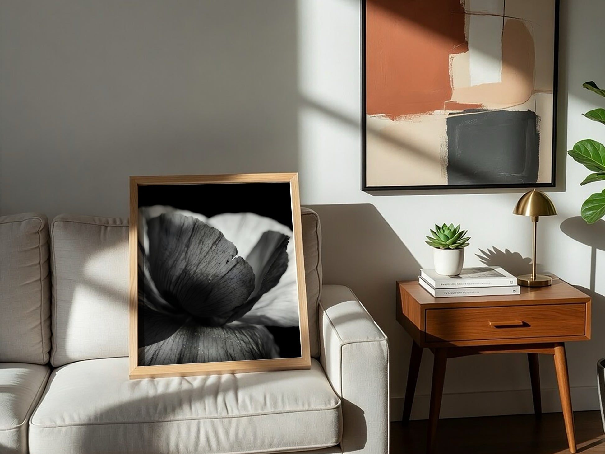 Black and white wall decor showing macro translucent flower petals with detailed textures and soft lighting