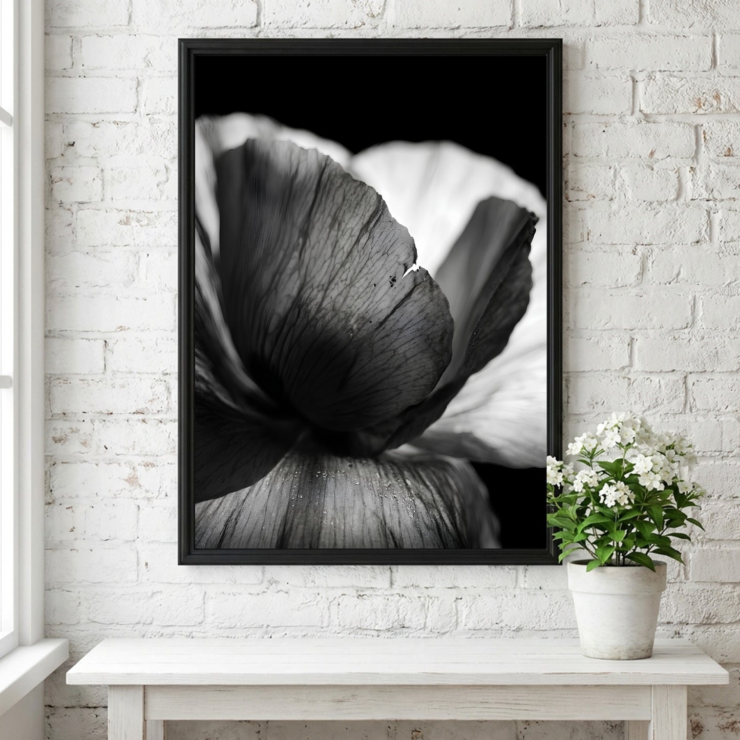 Black and white wall decor showing macro translucent flower petals with detailed textures and soft lighting