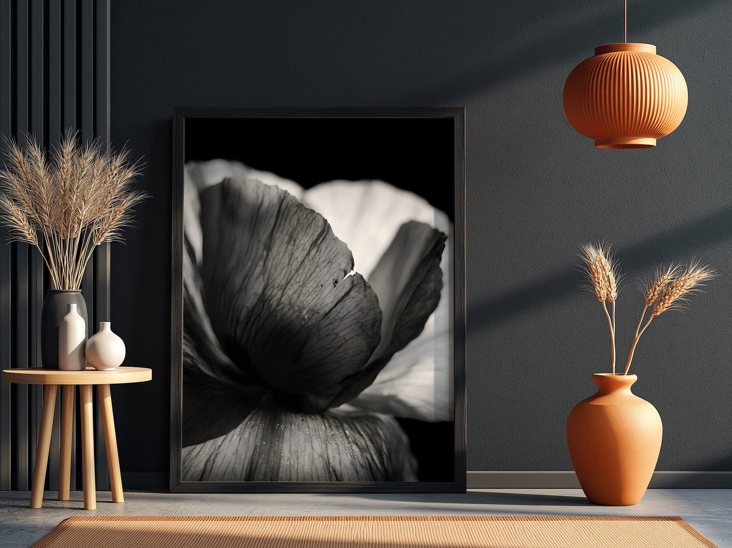 Black and white wall decor showing macro translucent flower petals with detailed textures and soft lighting