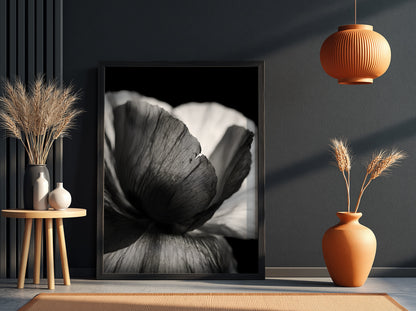 Black and white wall decor showing macro translucent flower petals with detailed textures and soft lighting