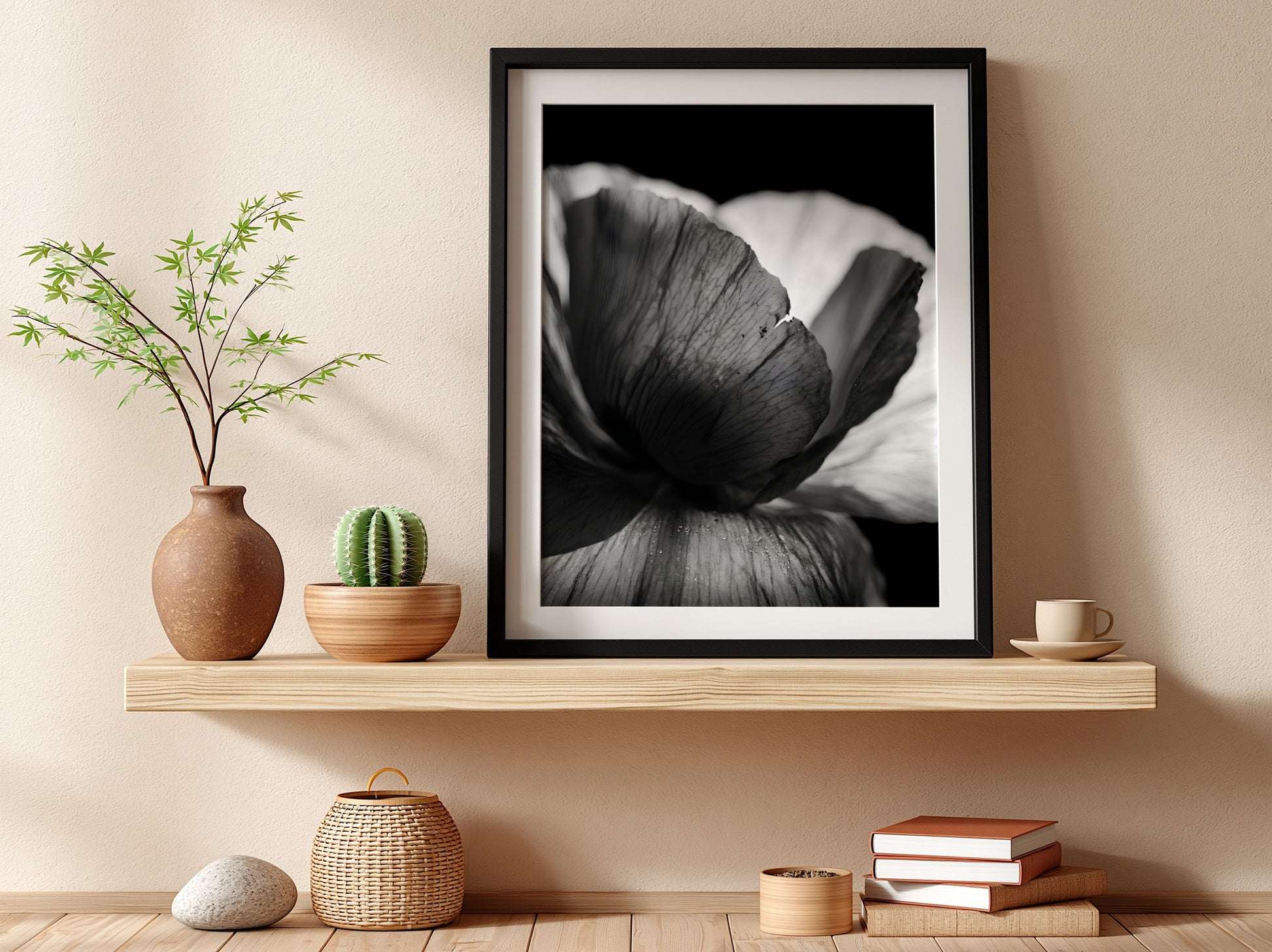 Black and white wall decor showing macro translucent flower petals with detailed textures and soft lighting
