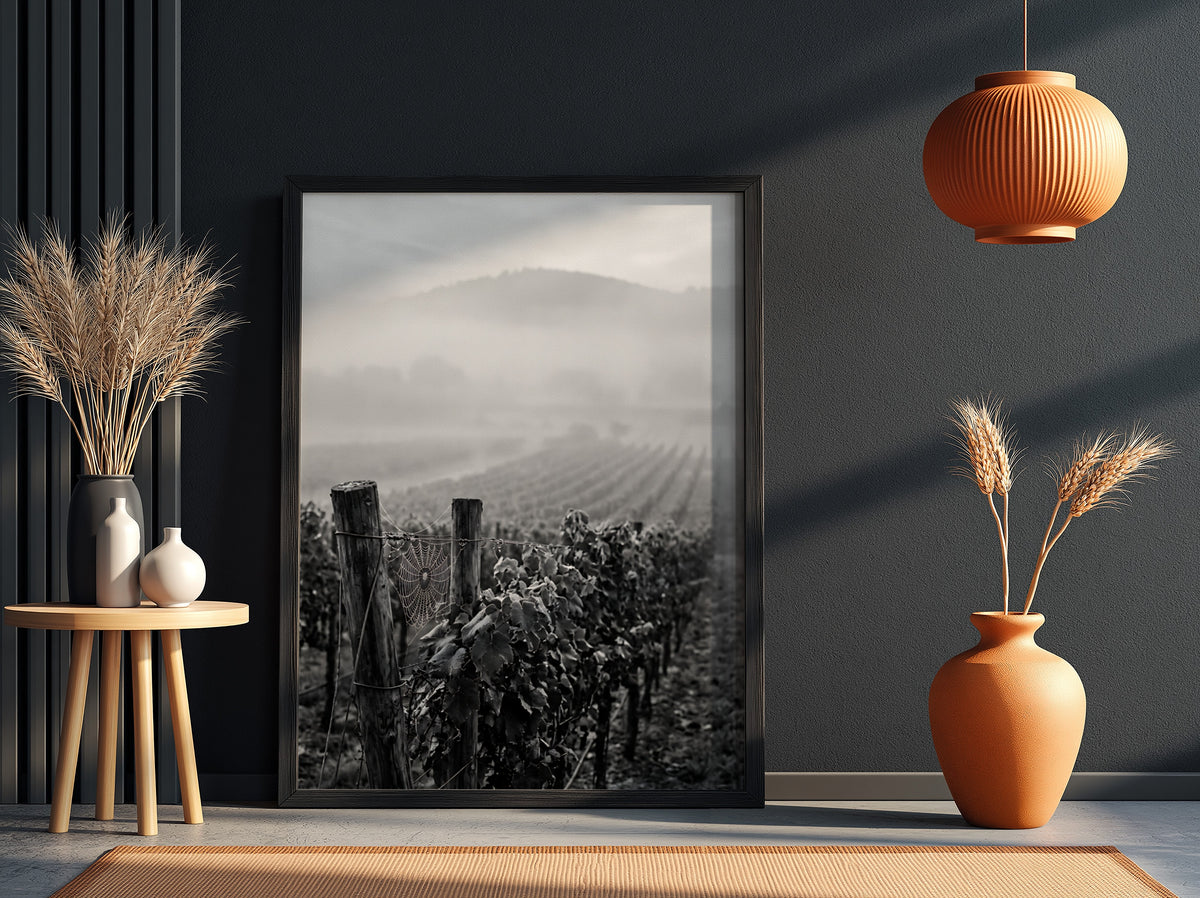 Black and white photographic wall decor showing mist covered vineyard rows with wooden posts and distant hills