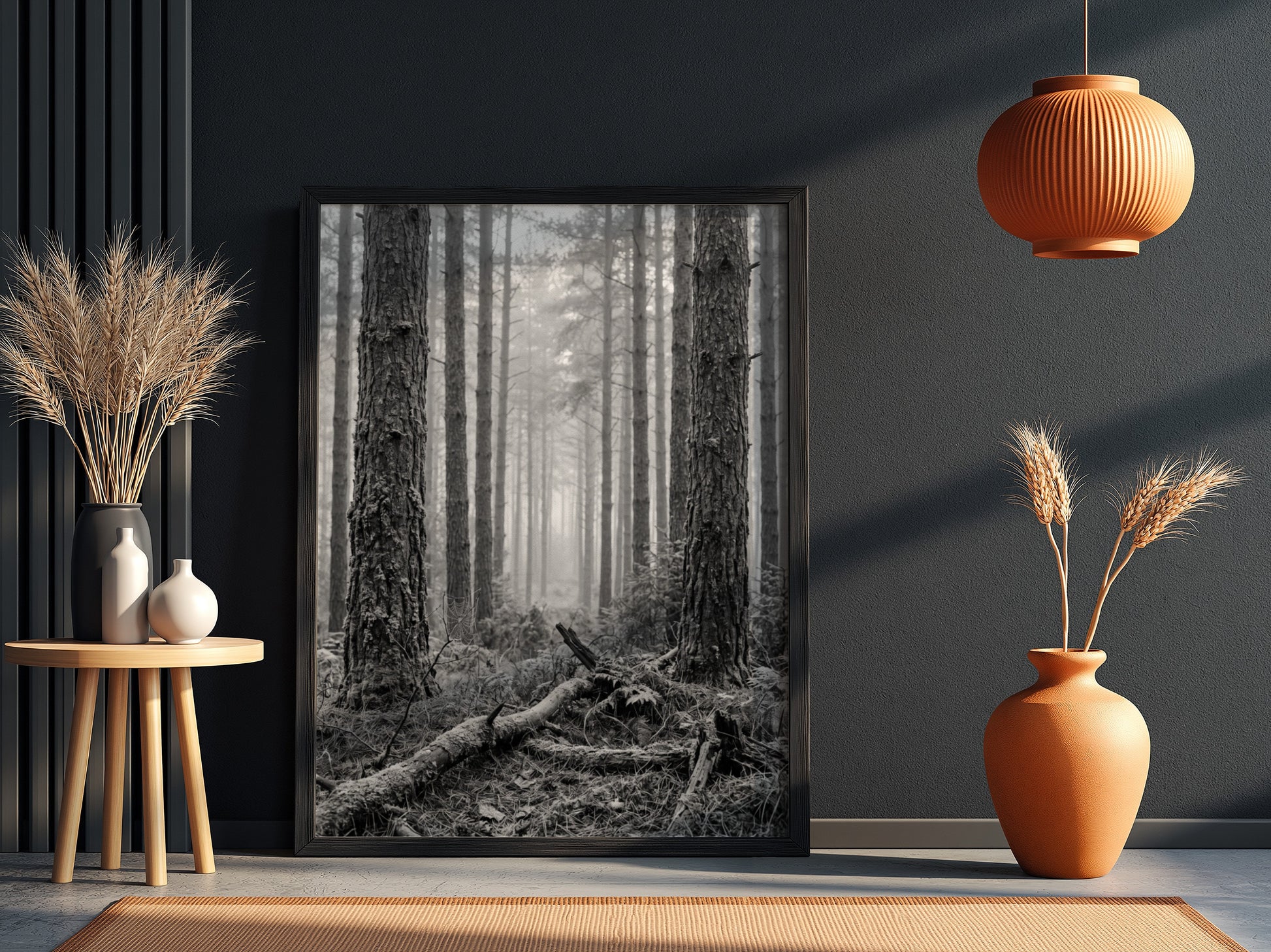 Poster of mist drifting through tall pine forest in black and white monochrome style