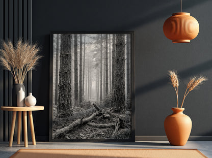 Poster of mist drifting through tall pine forest in black and white monochrome style