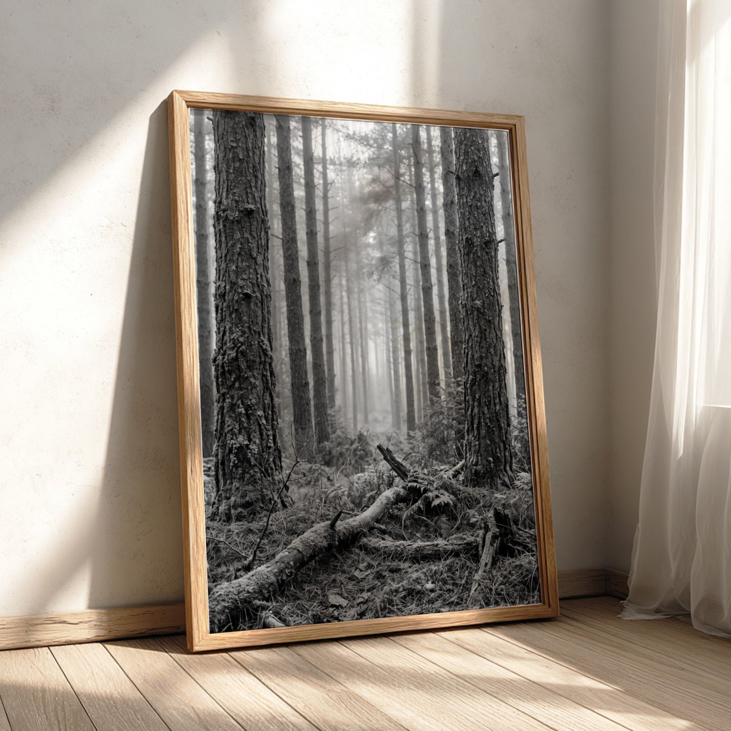 Poster of mist drifting through tall pine forest in black and white monochrome style