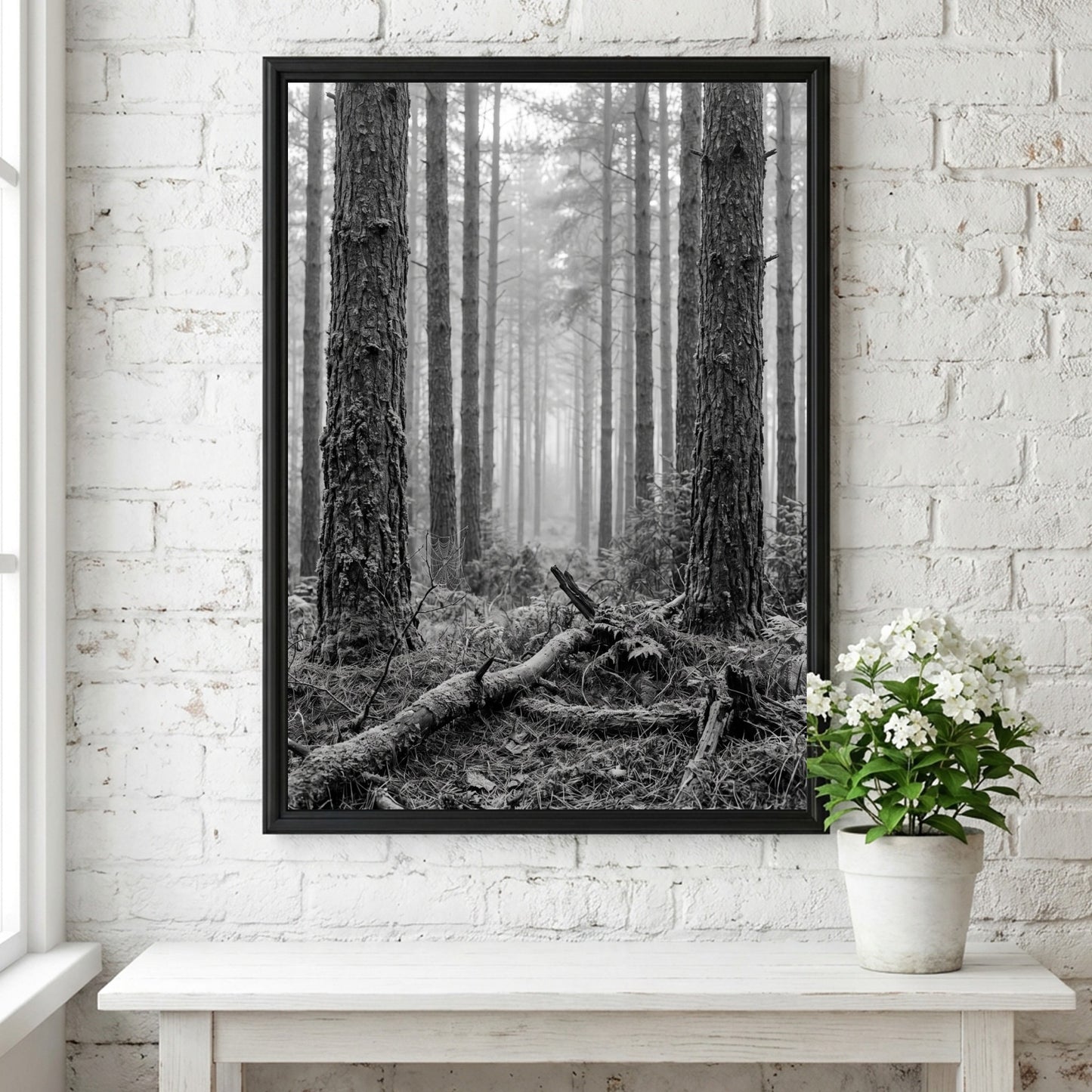 Poster of mist drifting through tall pine forest in black and white monochrome style