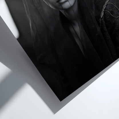 Black and white portrait wall decor of a model behind a sheer veil with soft shadows