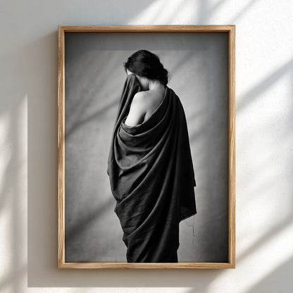 Black and white wall decor of a model draped in flowing dark fabric with soft shadows