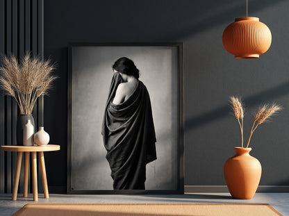 Black and white wall decor of a model draped in flowing dark fabric with soft shadows